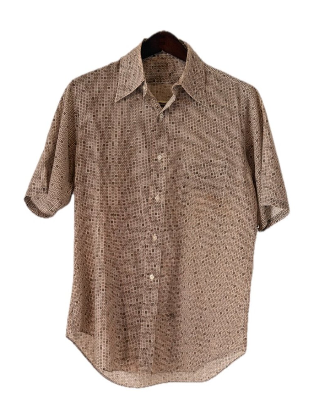 Men's Vintage 1970s Durable Press Brown and White Patterned Shirt
